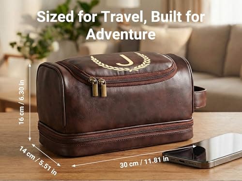 CGFN Personalised Gifts for Men,Personalised Large PU Leather Wash Bag Men with Initial Waterproof Hanging Toiletry Bag Travel Xmas Birthday Presents (T, Dark Brown) — view 2