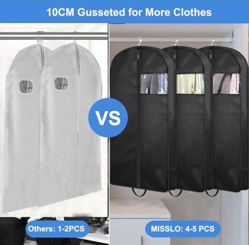 MISSLO 3 Packs Hanging Garment Bags for Clothes, 109CM Suit Bag Carriers for Women Men Suit Covers with Handle for Dresses, Coats Storage and Travel, Black — view 3