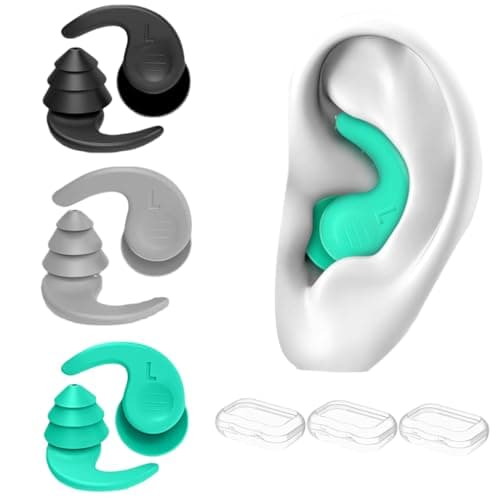 PIJOOKI 3 Pairs Swimming Ear Plugs For Adults, Silicone Waterproof Reusable Swim Earplugs For Surfing, Showering, Water Sports And Swimming, Black + Green + Gray, Adults & Teens