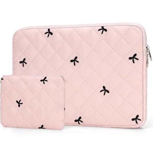 JOOEER 13-14" Laptop Sleeve, Bow Embroidered with Storage Pouch, Pink