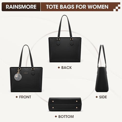 RAINSMORE Handbag for Women Large Tote Bags for Women Waterproof PU Leather Ladies laptop Tote handbag with Removable pom-pom for Work Business School Black — view 6