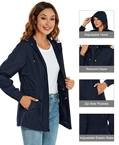 Rapbin Womens Raincoat Waterproof Jackets Outdoor Rain Trench Coat Lightweight Quick Dry Packable Hooded Raincoats with Pockets Navy Blue XXL — view 2