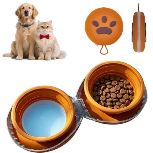 2 in 1 Collapsible Dog Bowl, Portable Silicone Double Dog Food and Water Bowl with Zip Case, Foldable Pet Bowl for Walking, Hiking, Camping and Travel (Brown)