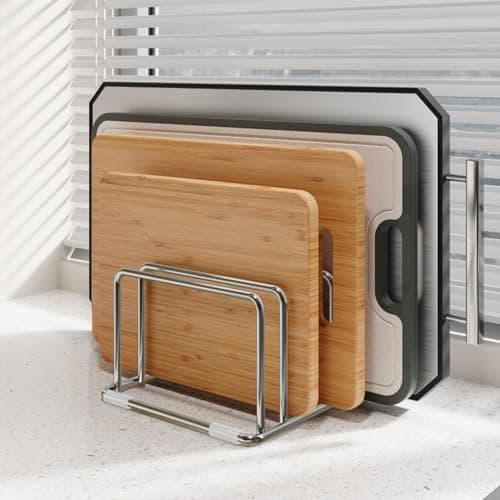 Stainless Steel Chopping Board Holder, Metal Chopping Board Rack Stand with 4 Slots, Multi-Function Cutting Boards Organizer for Kitchen Countertop Cupboard — view 4