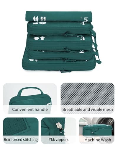 ECOHUB 5 Set Compression Packing Cubes for Suitcases Organiser Bags Travel Accessories with Shoes Bag Tear-resistant Travel Cubes with ID Tag Expandable Packing Bags (Dark Green) — view 6