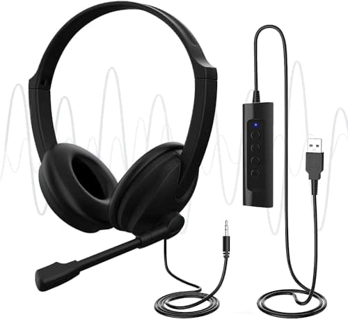 USB Headset with Microphone for PC Laptop, Adjustable Noise Cancelling Business Office Headsets, 2.5M Length Headphones with In-Line Control