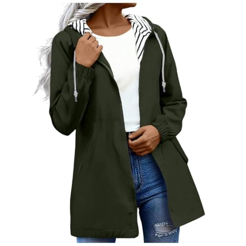 Saxrel Womens Waterproof Jackets Outdoor Walking Hiking Army Green Jacket Travel Hooded Rainproof Zipper Raincoat Ladies Coats Windproof Loose Light Rain Coat with Pocket Windbreaker