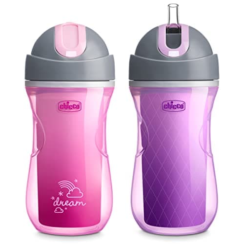 Chicco Double Wall Insulated Flip-Top Sippy Cup with Silicone Straw and Spill-Free Lid 9oz.| Top-Rack Dishwasher Safe | Easy to Hold with Ergonomic Indents | Dream Pink/Purple, 2pk | 12+ Months