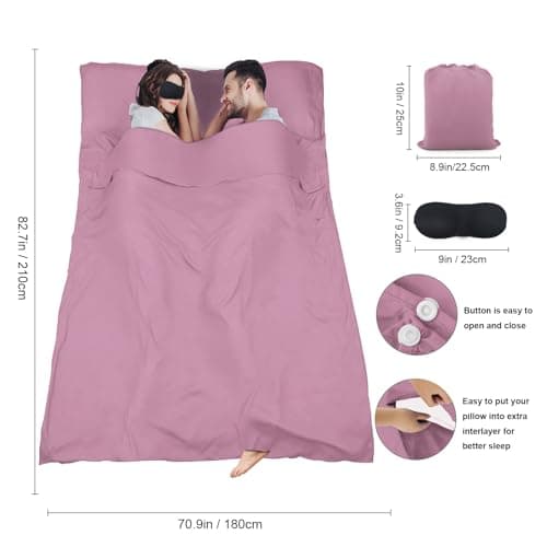 BREENHILL Double Sleeping Bag Liner,Camping Sheets & Travel Sheet, Hostels & Traveling Adult Sleep Sack for Backpacking, Hotels Lightweight Single & Double Camping Sleeping Bag Liners Pink — view 3
