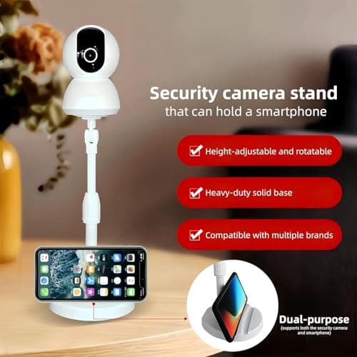 White No Drill Desktop Security Camera Mount - Telescoping Bracket with 3-in-1 Phone Holder Base for Surveillance IP Camera, Arlo, Wyze, Live Streaming Devices, 1/4" Screw — view 3