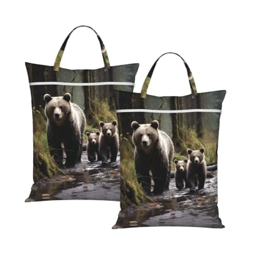 2PCS Travel Laundry Bag for Dirty Clothes, Foldable Waterproof Wet Dry Bag Mother bear and her cubs Zippered Hanging Laundry Hamper with Handle Washable for Travel, Gym, Swimming Pool