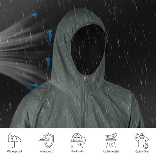 BSBUY Mens Waterproof Jackets Lightweight Rain Jacket Packable Hooded Rain Coats Fast Dry Raincoat Windproof Shell Jacket with Storage Bag Solid Color Pullover Top for Travel Running Hiking Camping — view 5
