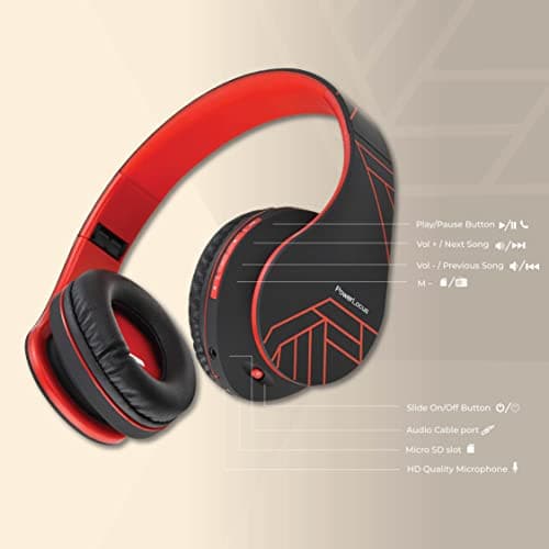 PowerLocus Bluetooth Over-Ear Headphones, Wireless Stereo Foldable Headphones Wireless and Wired Headsets with Built-in Mic, Micro SD/TF, FM for iPhone/Samsung/iPad/PC (Black/Red) — view 5