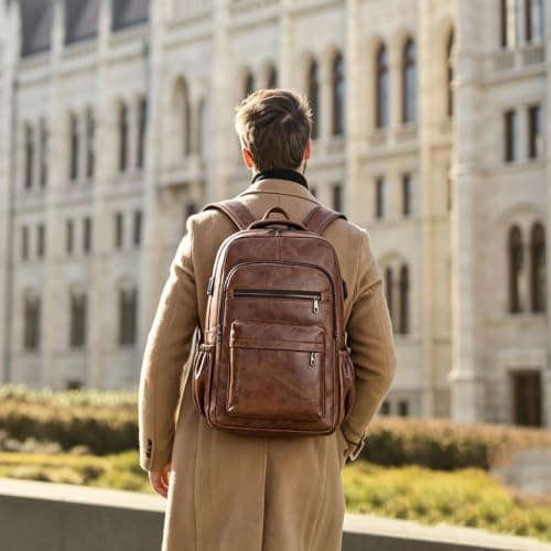 Lumavox Laptop Backpack Mens Travel Backpack with USB Charging Port, 15.6 inch Laptop Rucksack Water Resistant Leather Travel Rucksack Computer Bag, Coffee — view 3
