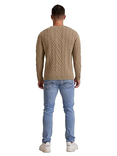Hisir Men's Cable Knit Jumper, Thick Warm Crew Neck Winter, Khaki, XL — view 6