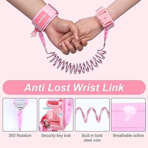 AOMIG Anti Lost Safety Wrist Link Belt, 1.5M Wrist Reins for Toddlers with Key Lock, Baby Reins Toddler Reins for Walking & Travel, Toddler Wrist Strap for Walking (Pink) — view 3