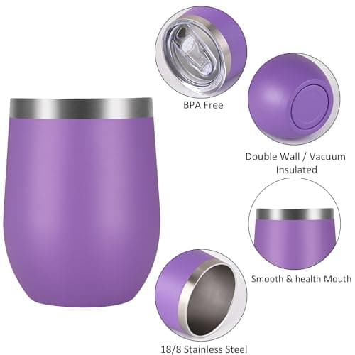 Joymaking 12oz Reusable Coffee Cup, 2 Pack Double Walled -Insulated Travel Mug Vacuum Stainless Steel Wine Tumbler with Spill Proof Lid, Great for Coffee, Tea, Milk and Wine, Purple — view 5
