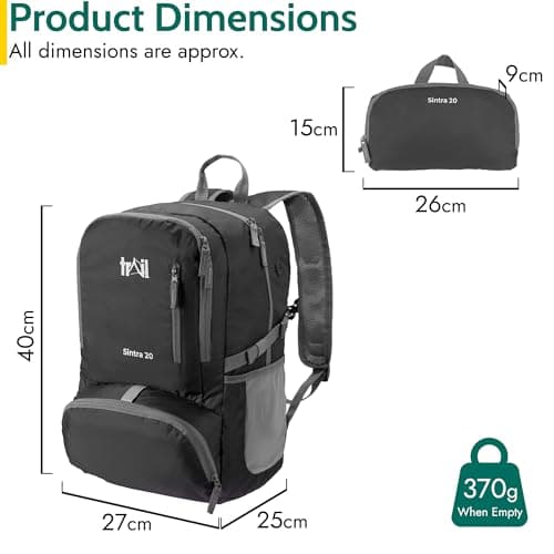 Trail Foldable Backpack, Lightweight Packable Rucksack, 20L, Black — view 6