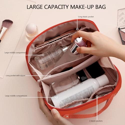 MAMUNU Large Capacity Cosmetic Travel Makeup Storage Bag with Handle Portable Zipper Cosmetic Toiletry Makeup Bag Large with Compartments for Women Girls (Orange) — view 3