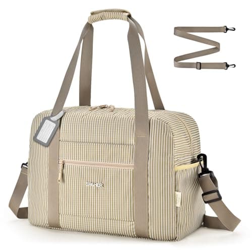 SPAHER for Ryanair Cabin Bags 40x30x20 Underseat Wizzair Carry on Hand Luggage Foldable Travel Duffel Bag 25L Holdall Tote for Women and Men for Travel Overnight Hospital Weekend, Khaki Stripe