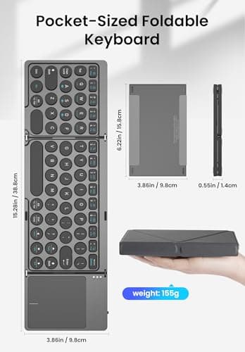SOPPY Foldable Wireless Keyboards with Touchpad and Stand, Rechargeable Portable Tri-Folding Keyboard, Mini Bluetooth Travel Keyboard for Mac, iOS, Android, Windows, Tablet, Laptop, Smartphone, Grey — view 6