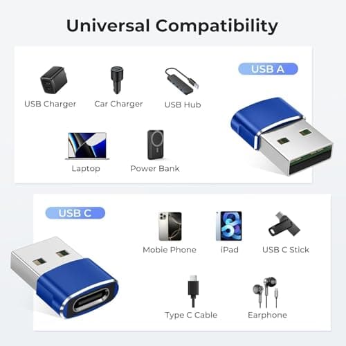 USB C to USB Adaptor, Type C Adapter, Type C Female to USB Male Converter with 5Gbps Data Transfer & Fast Charging, Compatible with All Devices with Laptop, PC, Power Bank (Blue) — view 3