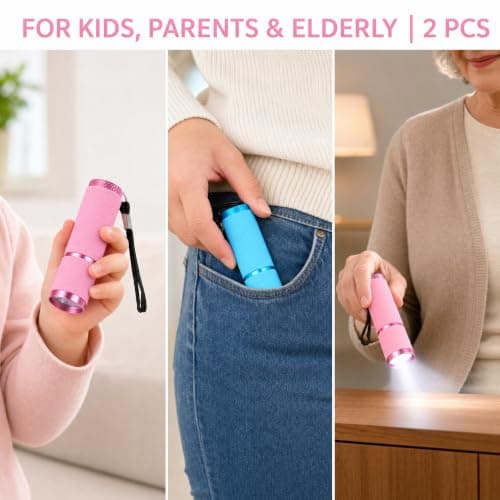 Voskilon 2 Pack Mini Torch Small Torch 9 LED Battery Powered, Glow in Dark Kids Torch with Lanyard, Compact Pocket Torch for Camping Hiking Walking Emergency Use, Aluminium Alloy Blue Pink — view 6