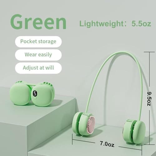 Foluu Rechargeable Neck Fan with 5 Speeds & Digital Display - Portable Hands-Free Personal Fan with 120 Blades Turbine, 360° Flexible Silicone, Ultra-Quiet 40dB - for Travel, Sports, Office (Green) — view 2
