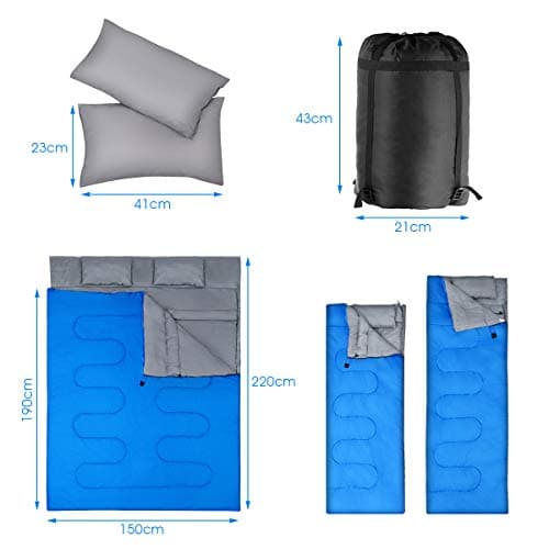 COSTWAY Double Sleeping Bag, Extra Large - 220 x 150 cm - Converts into 2 Singles, Waterproof Sleeping Bag with Free Pillows and Carrying Bag for Camping, Hiking (Blue) — view 6