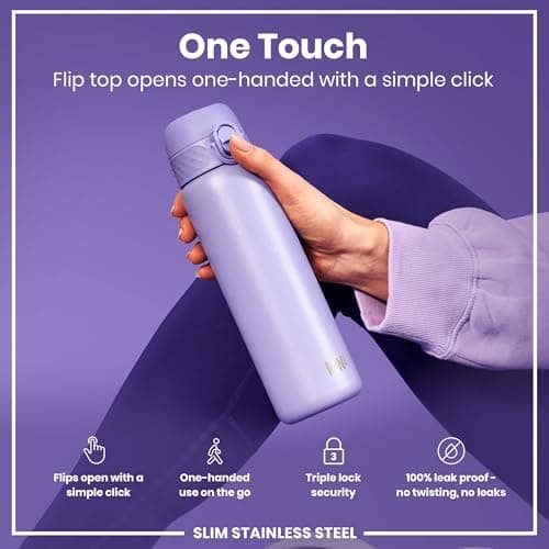Ion8 Lightweight Steel Water Bottle, 600 ml/20 oz, Non-Insulated, Leak Proof, Easy to Open, Secure Lock, Dishwasher Safe, Flip Cover, Fits Cup Holders, Carry Handle, Metal Water Bottle, Light Purple — view 3