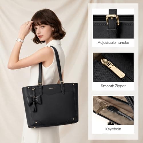 RAINSMORE Tote Bags for Women Large Handbag with 14 inch Laptop Black — view 4