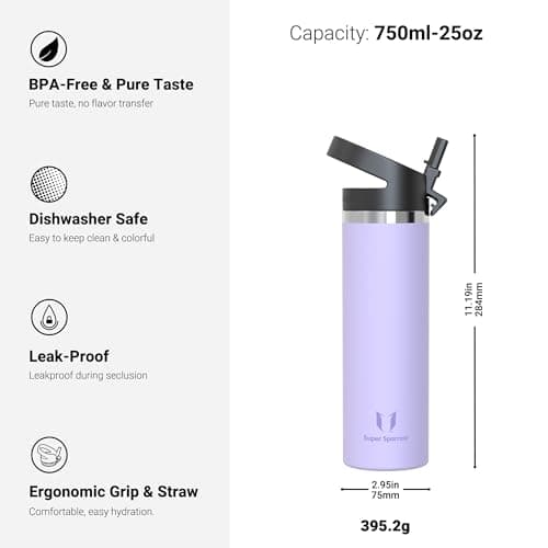 Super Sparrow Water Bottle Insulated - 750ml - Wide Mouth Metal Bottle - Wide Mouth SwivelSip Flask - BPA Free, Leak Proof - Ergonomic Straw Water Bottles for Work, Gym, Travel, Sports — view 3