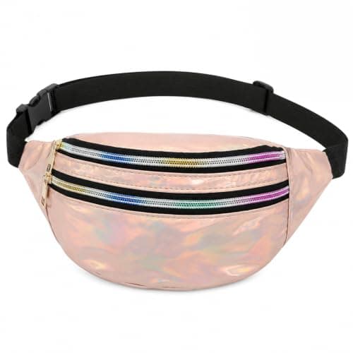 Fashion Metallic Bum Bag,Holographic Waist BagFanny Double Zipper Belt Bag Festival Rave Bumbags Waterproof Hip Pouch for Women Ladies Girls Travel Party Festival Sports Outdoor (Champagne Color)