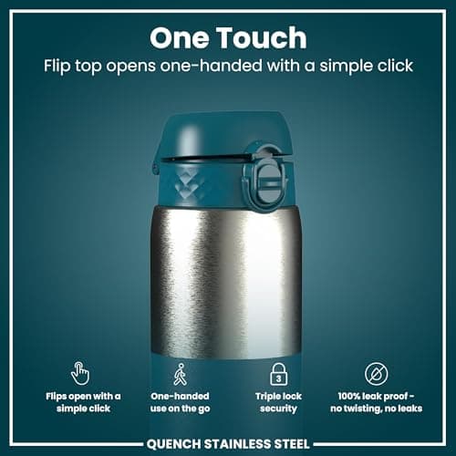 ION8 Lightweight 1 Litre Steel Water Bottle, Non-Insulated, Leak Proof, Easy to Open, Secure Lock, Dishwasher Safe, Flip Cover, Carry Handle,Ideal for Travel & Active Lifestyles, Half Cut Deep Teal — view 3