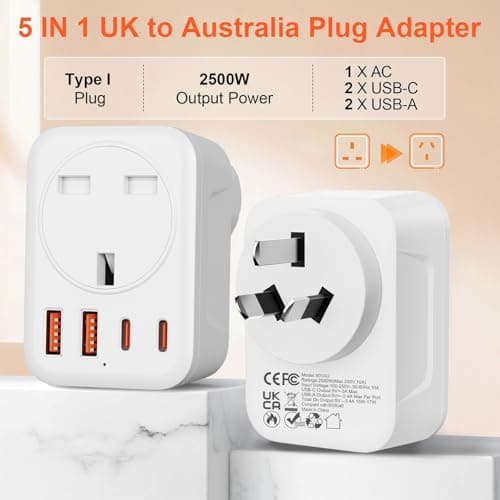 Omivine UK to Australia AU Plug Adapter, 5 in 1 Type I Travel Power Adapter Converter mit 1 AC & 2 USB-C & 2 USB-A(17W) for Australia, China, New Zealand, Argentina, Fiji, etc (Type I-White) — view 2