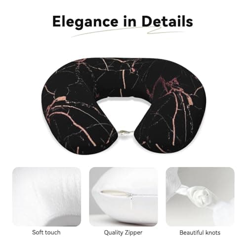 AUGUSTRUSH Memory Foam Neck Pillow - Travel Pillow With Adjustable Clasp, Removable Washable Cover For Airplane Office Car, Ergonomic Support Comfortable U-Shaped Pillow, Black Rose Gold Marble Print — view 3
