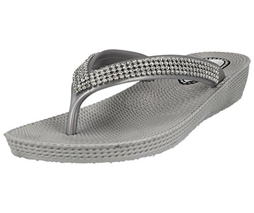 ella Ladies S1 Diamante Toe Post Flat Low Wedge Jelly Flip Flop Summer Sandals Size 3-8 (UK 5, Silver) — view 5