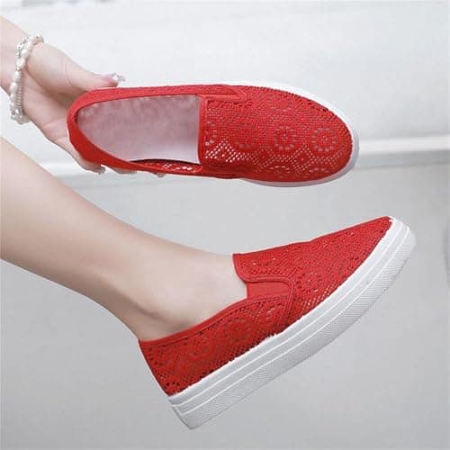 Womens Slip On Mesh Casual Shoes Summer Breathable Platform Low Top Flat Walking Shoes Lightweight Non Slip Comfort Fashion Hands-Free Trainers Outdoor Beach Travel Ladies Footwear Red — view 6