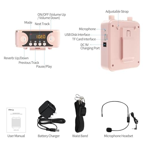 Giecy Voice Amplifier with Microphone Headset 30W Portable Multifunctional Amplifier 2800mAh Powerful Sound System for Teachers, Guides, Coaches, Presenters (Rose gold) — view 6