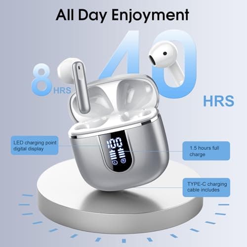 Wireless Earbuds, Bluetooth 5.4 Earphones HiFi Stereo, 14mm Drivers with Big Bass, 40H Bluetooth Headphones with 4 ENC Noise Cancelling Mic, IP7 Waterproof Ear Buds Comfortable Fast Charging Silver — view 5
