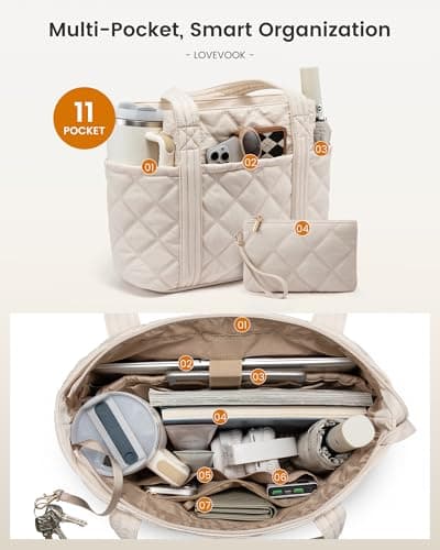 LOVEVOOK Laptop Tote Bags for Women, Lightweight Puffer Handbag for School, Large Work Handbags Ladies Tote Bag with Compartments, Quilted Shoulder Bag for Teacher Nurse Work Shopping Travel — view 3