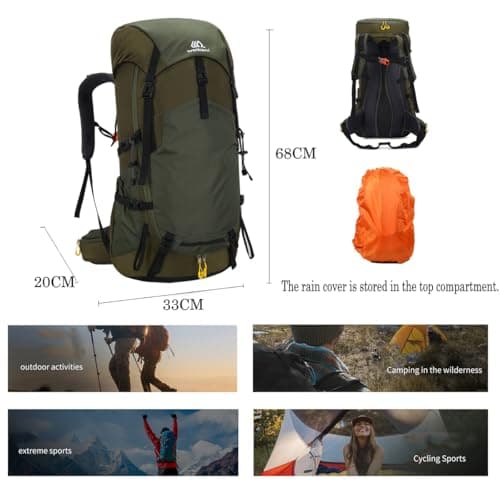 Hnayett 60L Hiking Backpack Waterproof Rucksack Large Camping Bag with Rain Cover for Men Women Lightweight Back Pack for Trekking Walking Cycling Climbing Travelling Outdoor Sports — view 2