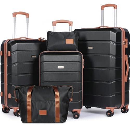 H.yeed Luggage Sets of 5 Piece, Lightweight Trolley Travel Suitcase Set ABS Hard Shell with 4 Spinner Wheels TSA Lock for Man Women, 21" + 24" + 28"+ Duffels Bag & Toiletry Bag (Black, 5 Piece Set)
