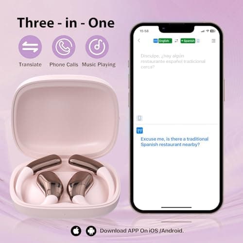 Translation Earbuds Real Time, AI Translator Earbuds, 3-in-1 Earbud Translator 144 Languages & Accents for Android iOS, Translation Earphones for Travel Business Learning (A38 Pink) — view 3