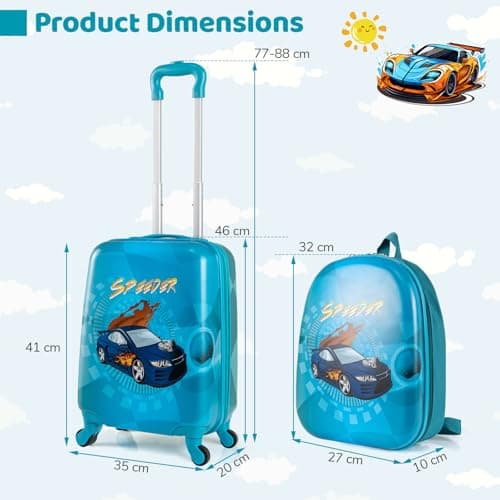 GYMAX 2Pcs Kids Luggage Set, 13" Backpack & 16" Children Hardshell Suitcase with Wheels & Telescopic Handle, Boys Girls Carry On Luggage Set for Travel School (Navy) — view 4