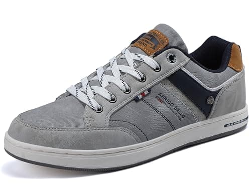 Mens Casual Shoes Leather Trainers Classic Sneakers Lace Up Walking Shoes Grey 9.5 UK
