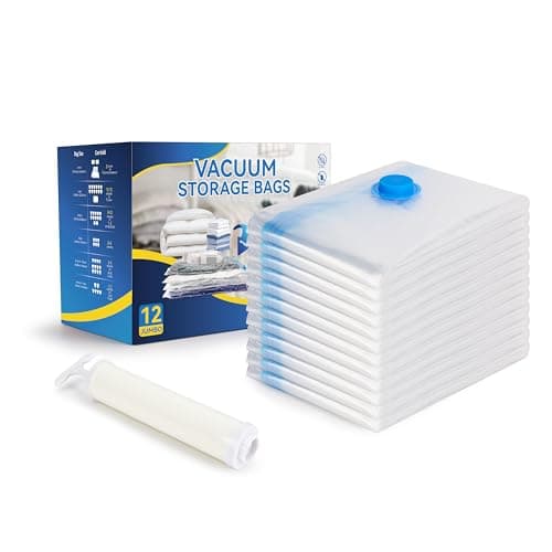 Vacuum Storage Bags for Clothes, Bedding, Duvets and Blankets, Heavy-Duty Space Saver Compression Bags with Airtight Double-Zip Seal, Leak-Proof Reusable Design, Hand Pump Included (12 Jumbo-100x70cm)