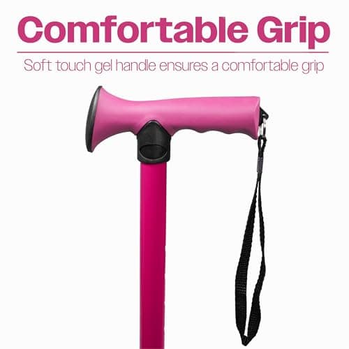 Folding Adjustable Walking Stick with Ergonomic Rubber Handle, 5 Height Settings, Lightweight Aluminum, Wrist Strap, and Non-Slip Tip. Compact for Travel. Supports up to 100kg.Pink — view 6