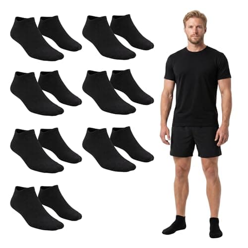 FUN FABLES 7 Pairs Men’s Cotton Trainer Socks | Low Cut Ankle Sports Socks UK 6–11 | Breathable Everyday Athletic Wear for Running, Walking, Gym & Casual Shoes (7 Pairs Black)