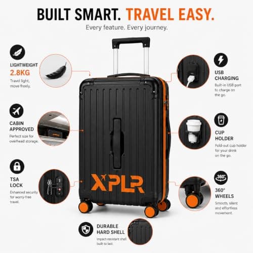 XPLR 55x34x24cm Cabin Suitcase - Hard Shell 20" Carry On Bag Luggage - USB Charging Port - Cup Holder - TSA Lock - 360° Wheels - Lightweight 2.8kg Hand Luggage for Travel (Adventure Orange) — view 5